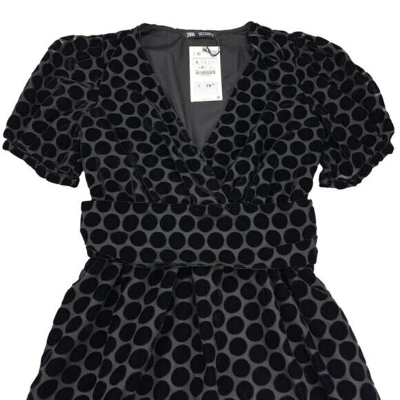 NWT ZARA Velvet Polka Dot Dress Sz Small Black - Picture 9 of 11
